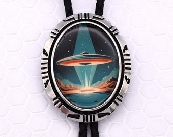 UFO Bolo Tie ~ Custom Cord Colors & Length ~ Aliens Flying Saucer Area 51 Complex Conspiracy