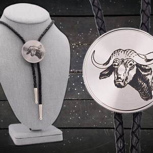 African Cape Buffalo Bolo Tie ~ Engraved Stainless Steel & Leather