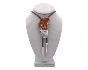 Wooden Face Folk Art Vintage Bolo Tie