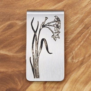 Prendedor de dinheiro com flores de narciso ~ Aço inoxidável gravado