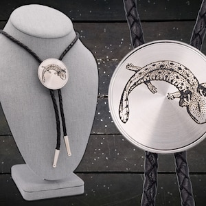Mud Puppy Bolo Tie ~ Engraved Stainless Steel & Leather ~ Newt Salamander Axolotl Amphibian