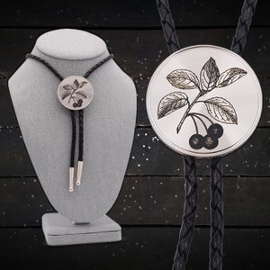 Cherry Tree Bolo Tie ~ Engraved Stainless Steel & Leather