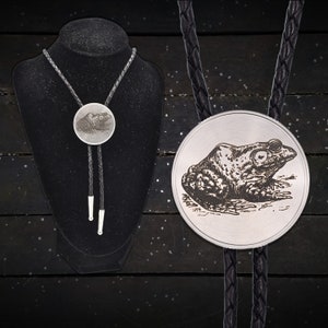 Bullfrog Bolo Tie ~ Engraved Stainless Steel & Leather