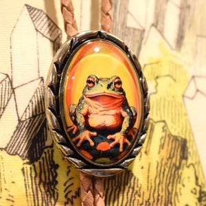 May include: A silver bolo tie with a round glass pendant featuring a cartoon frog with a yellow background. The frog is green, yellow, and orange.