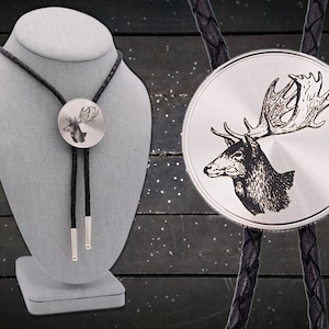 Fallow Deer Bolo Tie ~ Engraved Stainless Steel & Leather