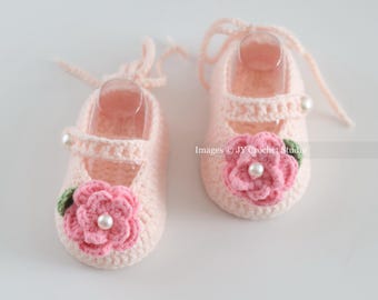 Crochet Baby Shoes: Floral Cotton Newborn Gift with Pearl Accents, 2 Sizes