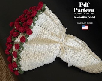 Rose Crochet Blanket Pattern with Video Tutorial, Flower Throw & Afghan PDF, Wedding Gift, Digital Download, Gift for Her, Home Decor