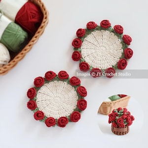 Handmade Crochet Rose Coaster Set: Cotton-Acrylic Flower Bouquet Pot