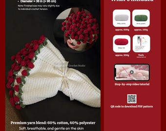 Crochet Flower Bouquet Blanket Kit: Cotton-Blend Yarn, PDF Pattern, Rose and Lily of the Valley
