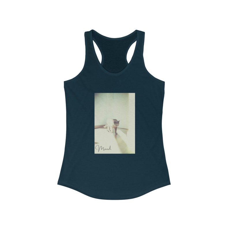Mood Cat - Women ideal racerback halter tank top - Multi Color - Front View in midnight navy
No sleeves perfect for spring summer warm weather monday attitude gift wardrobe
Classic trendy style with humor 
new take on grumpy cat
