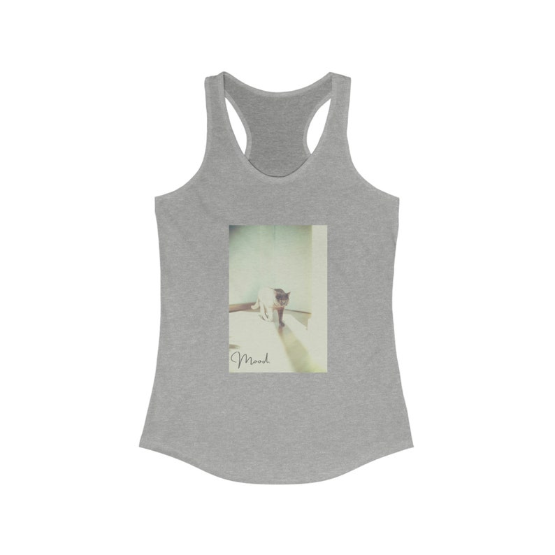 Mood Cat - Women ideal racerback halter tank top - Multi Color - Front View in Heather light Gray
No sleeves perfect for spring summer warm weather monday attitude gift wardrobe
Classic trendy style with humor 
new take on grumpy cat