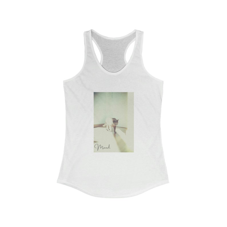 Mood Cat - Women ideal racerback halter tank top - Multi Color - Front View in solid white
No sleeves perfect for spring summer warm weather monday attitude gift wardrobe
Classic trendy style with humor 
new take on grumpy cat