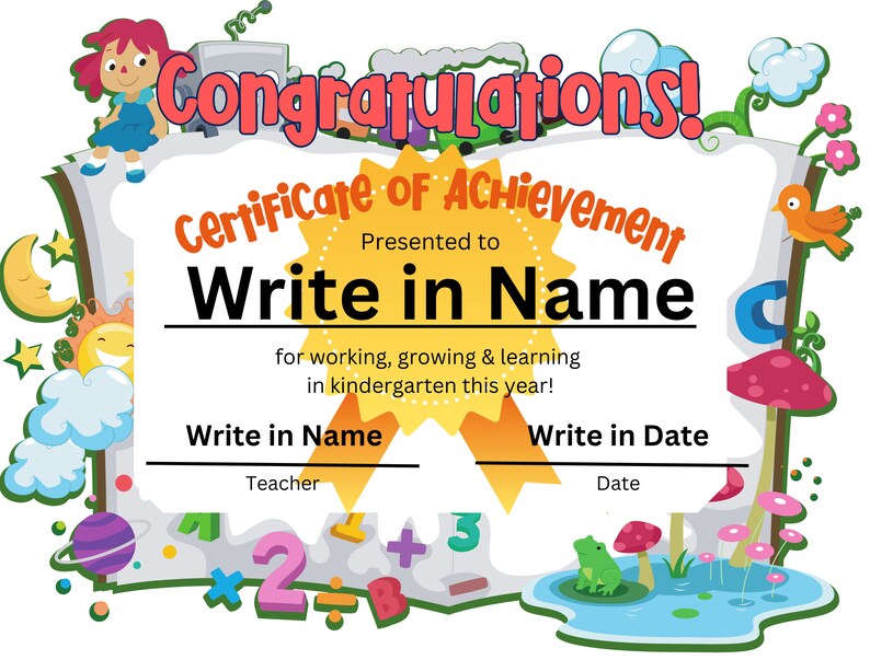 Kindergarten Certificate of Achievement Digital Print - Etsy