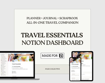 Travel Planner, Digital Notion Dashboard Bundle with Journal, Scrapbook, and Itinerary Template