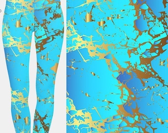 Turquoise & Gold Printed Leggings, Buttery Soft Fabric, Recycled Material, Super Stretchy and Comfortable