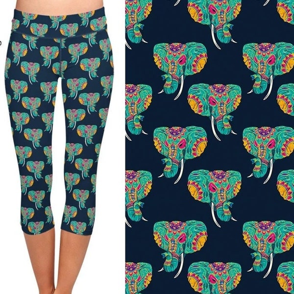 Elephants Printed Buttery Soft Capri Leggings, Recycled Material, Soft and Stretchy