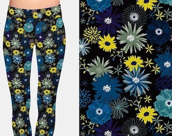 Blue Floral Buttery Soft Fabric Leggings, Recycled Material, Super Soft and Stretchy