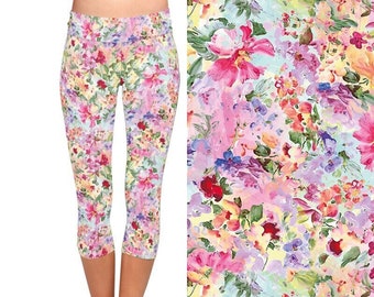 Rosa Floral Capri Länge Butterweich Leggings, recyceltes Material, Super dehnbar