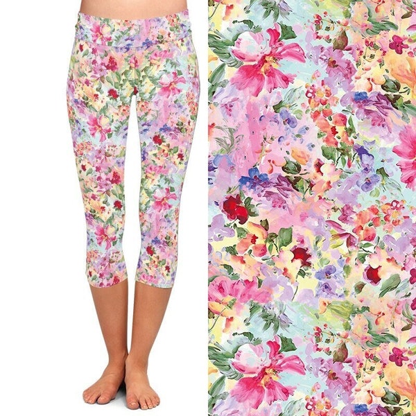 Pink Floral Capri Length Buttery Soft Leggings, Recycled Material, Super Stretchy