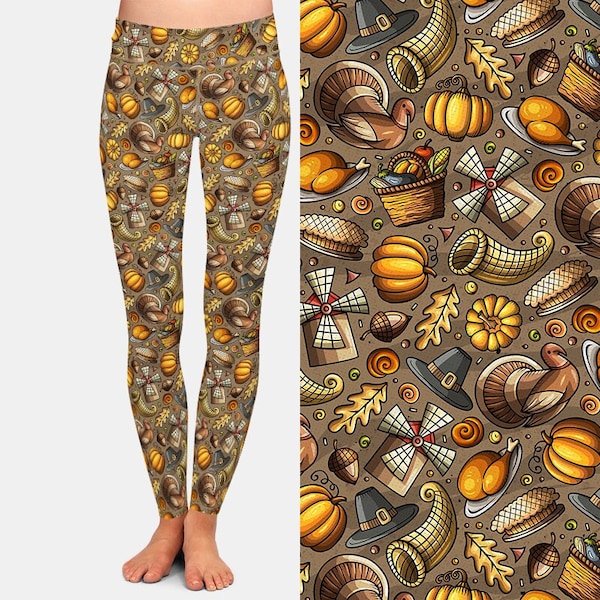 Thanksgiving Printed Leggings, Buttery Soft Fabric, Recycled Material, Super Stretchy and Soft