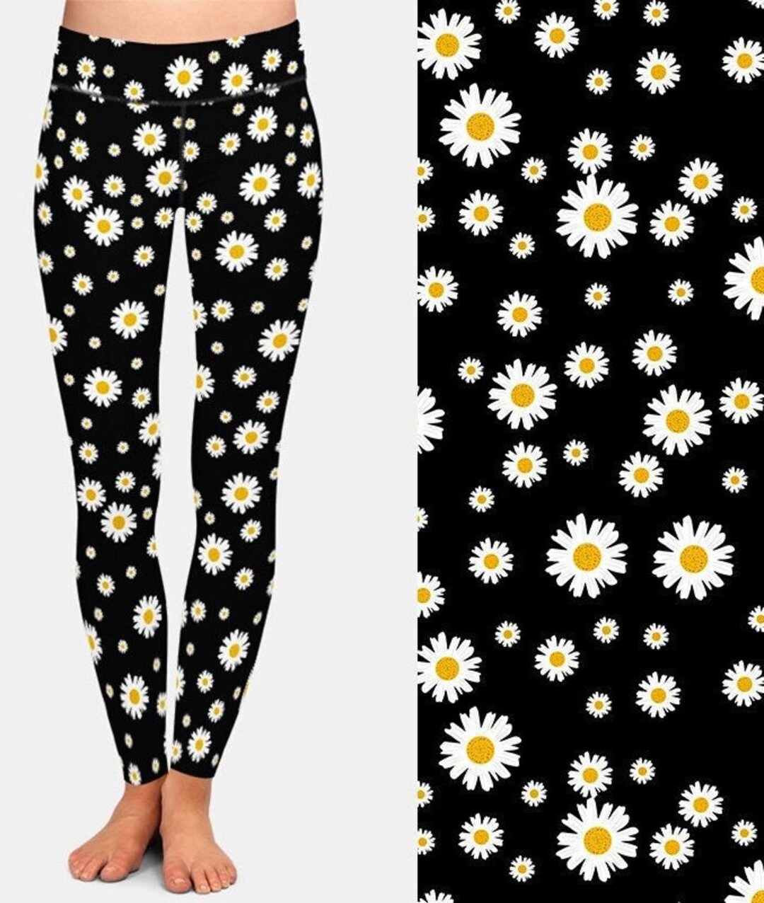 Daisy Print Leggings, Recycled, Buttery Soft, Stretchy, Super