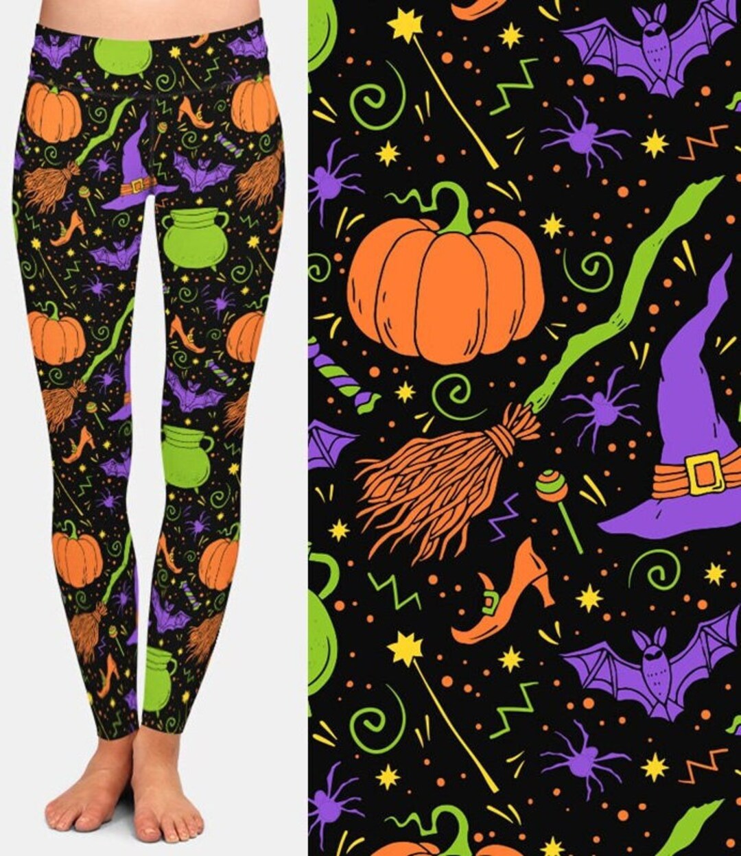 Halloween Witches and Pumpkins Printed Leggings, Buttery Soft Fabric