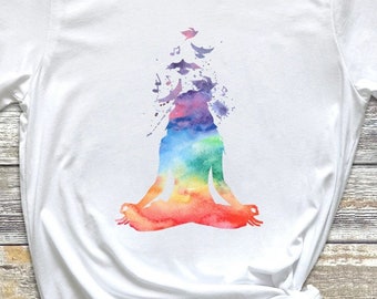 Rainbow Meditation shirt, Colorful Yoga shirt, Meditation tshirt, Flying Birds Meditating Person shirt, Unisex Spiritual Mindfulness shirt