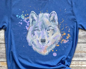 Maglietta Wolf Watercolor Painting, maglietta Splashing Colors Wolf Art, maglietta Wolf Face Art, maglietta Unisex Wolf