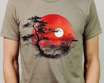 Japanese Rising Sun Painting tshirt, Japan Red Sun shirt, Japan Watercolor Ink Painting shirt, Japanese Art shirt, Unisex Japanese shirt