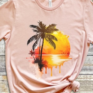 Tropical Beach Sunset Painting tshirt, Beach Sunset shirt, Beach Summer shirt, Beach shirt, Summer Life shirt, Palm Tree tshirt Heather Peach