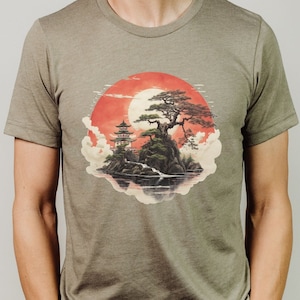 Japanese Rising Sun Painting tshirt, Japan Red Sun shirt, Japanese Bonsai shirt, Japanese Art shirt, Unisex Japanese shirt