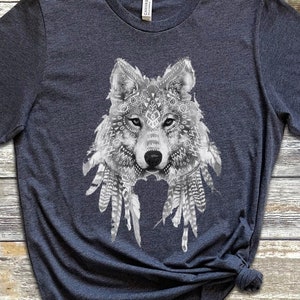 Apache Wolf tshirt, Indian Wolf shirt, Wolf Art tshirt, Feathers Wolf tshirt, Wolf Spirit Animal shirt, Unisex Wolf tshirt