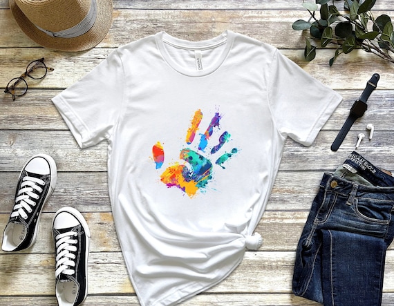 Colorful Paint Hand Shape Tshirt, Rainbow Coloured Splashing Paint