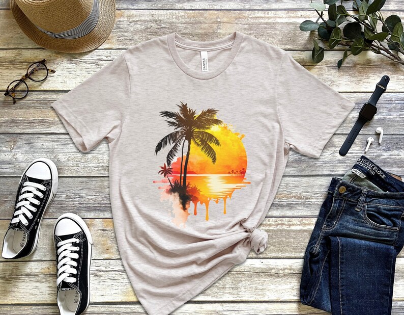 Tropical Beach Sunset Painting tshirt, Beach Sunset shirt, Beach Summer shirt, Beach shirt, Summer Life shirt, Palm Tree tshirt Natural