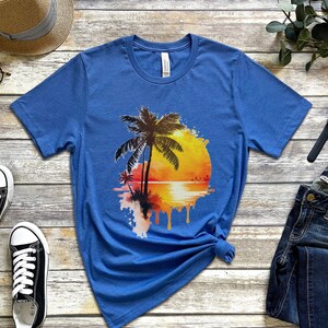 Tropical Beach Sunset Painting tshirt, Beach Sunset shirt, Beach Summer shirt, Beach shirt, Summer Life shirt, Palm Tree tshirt Heather True Royal
