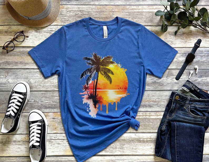 Tropical Beach Sunset Painting tshirt, Beach Sunset shirt, Beach Summer shirt, Beach shirt, Summer Life shirt, Palm Tree tshirt Heather True Royal