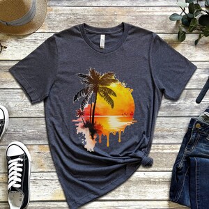 Tropical Beach Sunset Painting tshirt, Beach Sunset shirt, Beach Summer shirt, Beach shirt, Summer Life shirt, Palm Tree tshirt Heather Navy