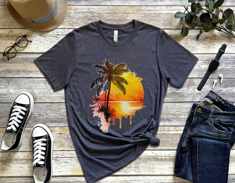Tropical Beach Sunset Painting tshirt, Beach Sunset shirt, Beach Summer shirt, Beach shirt, Summer Life shirt, Palm Tree tshirt Heather Navy