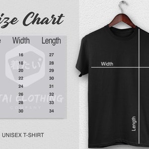 May include: A black unisex t-shirt hanging on a wooden hanger, with a size chart to the left. The size chart shows measurements in inches for width and length, ranging from XS to 4XL. The text "Size Chart" is at the top.