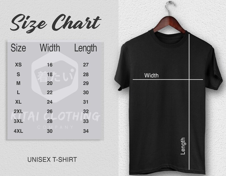 May include: A black unisex t-shirt hanging on a wooden hanger, with a size chart to the left. The size chart shows measurements in inches for width and length, ranging from XS to 4XL. The text "Size Chart" is at the top.