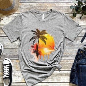 Tropical Beach Sunset Painting tshirt, Beach Sunset shirt, Beach Summer shirt, Beach shirt, Summer Life shirt, Palm Tree tshirt Athletic Heather