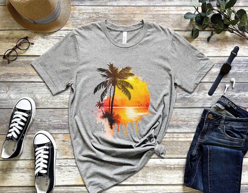 Tropical Beach Sunset Painting tshirt, Beach Sunset shirt, Beach Summer shirt, Beach shirt, Summer Life shirt, Palm Tree tshirt Athletic Heather