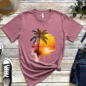 Tropical Beach Sunset Painting tshirt, Beach Sunset shirt, Beach Summer shirt, Beach shirt, Summer Life shirt, Palm Tree tshirt Heather Mauve