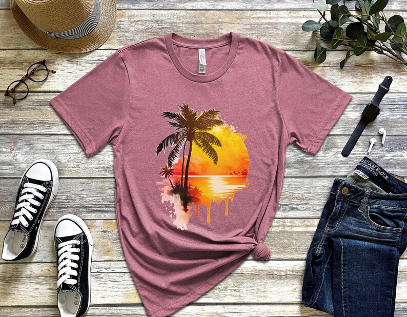 Tropical Beach Sunset Painting tshirt, Beach Sunset shirt, Beach Summer shirt, Beach shirt, Summer Life shirt, Palm Tree tshirt Heather Mauve