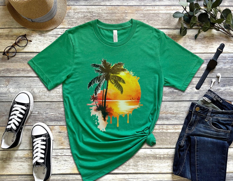 Tropical Beach Sunset Painting tshirt, Beach Sunset shirt, Beach Summer shirt, Beach shirt, Summer Life shirt, Palm Tree tshirt Heather Kelly