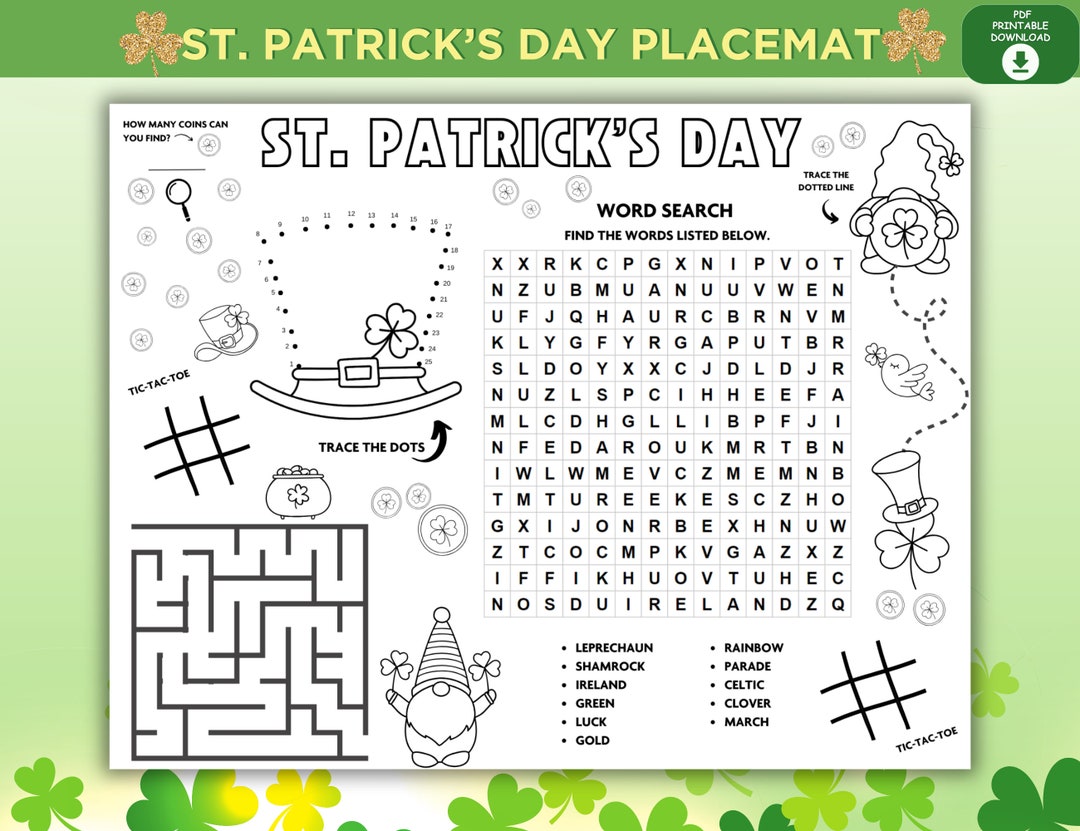 St Patrick's Day Activity Placemat, St Pattys Day Coloring Page Craft ...