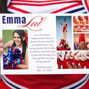 May include: A personalised card featuring the name "Emma Lal". The card includes photos of a cheerleader, a cheerleading pyramid, and cheerleading accessories. Text reads "Our sweet Emma, congratulations!" and a message.