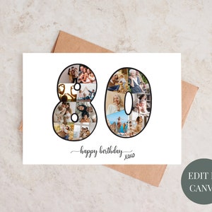 Aangepaste 80e verjaardagskaart, afdrukbare 80e fotocollage, nummer fotocollage, print thuis kaart 80e poster verjaardagscadeau oma opa