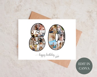 May include: A white card with a black outline of the number 80 made up of photos. The text "happy birthday xoxo" is written below the number.