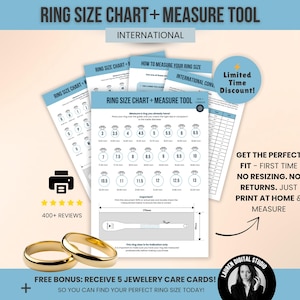 Puede incluir: Una tabla de tallas de anillos y una herramienta de medición con el texto "RING SIZE CHART + MEASURE TOOL INTERNATIONAL". La imagen incluye varias tablas de tallas de anillos, un icono de impresora y dos anillos de oro. También se ve el texto "GET THE PERFECT FIT - FIRST TIME".